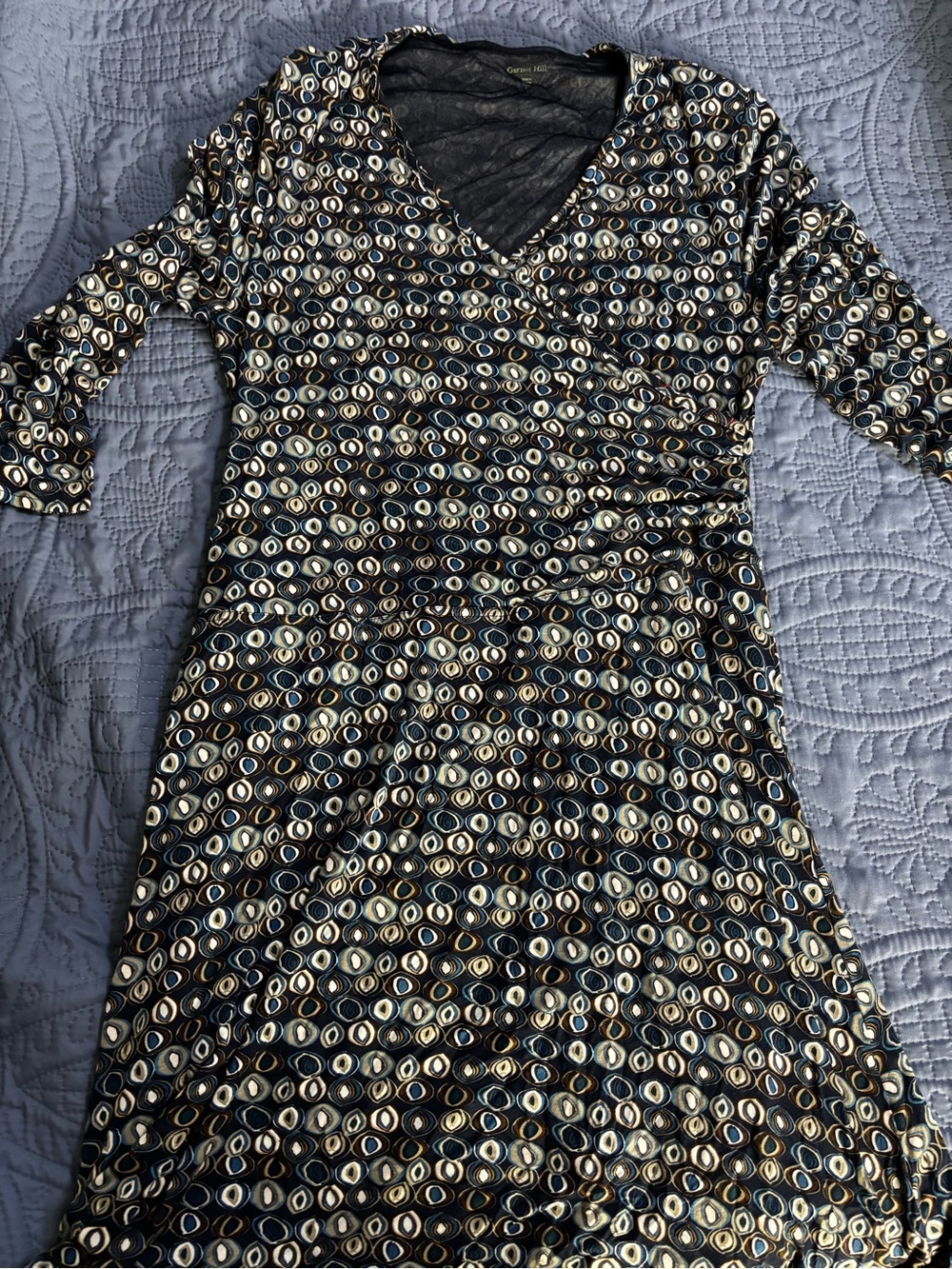 Garnet Hill Black V-Neck Jersey Dress with Cream, Tan and Blue Geo Dots